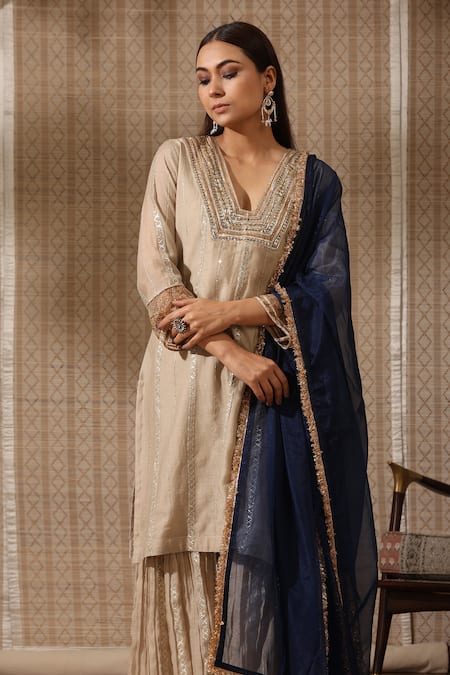 Shop_Rekha Agra_Grey Organza, Chanderi Gota Patti, Sequins Helix Embroidered Kurta Sharara Set _at_Aza_Fashions