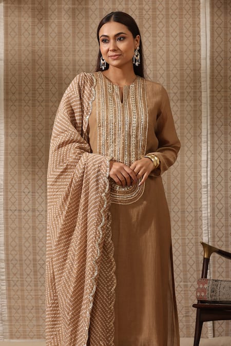 Rekha Agra_Beige Chanderi Sequins, Gota Patti, Embroidery Round And Yoke Kurta Pant Set _Online_at_Aza_Fashions