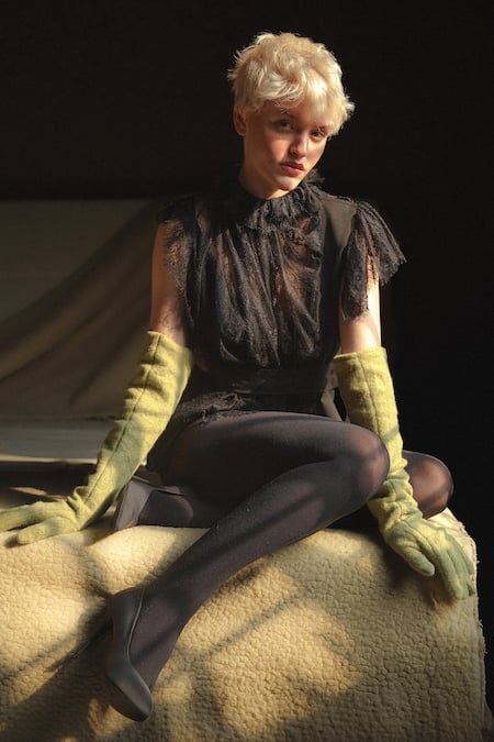 Buy Green Repurposed Stretched Knitted Wool Gloves by Leh Studios Online at  Aza Fashions.