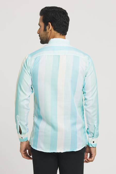 Shop_Aryavir Malhotra_Blue Cotton Vertical Stripe Pattern Shirt_at_Aza_Fashions