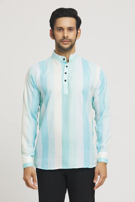 Aryavir Malhotra_Blue Cotton Vertical Stripe Pattern Shirt_Online_at_Aza_Fashions