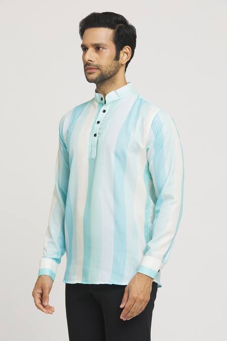 Buy_Aryavir Malhotra_Blue Cotton Vertical Stripe Pattern Shirt_Online_at_Aza_Fashions