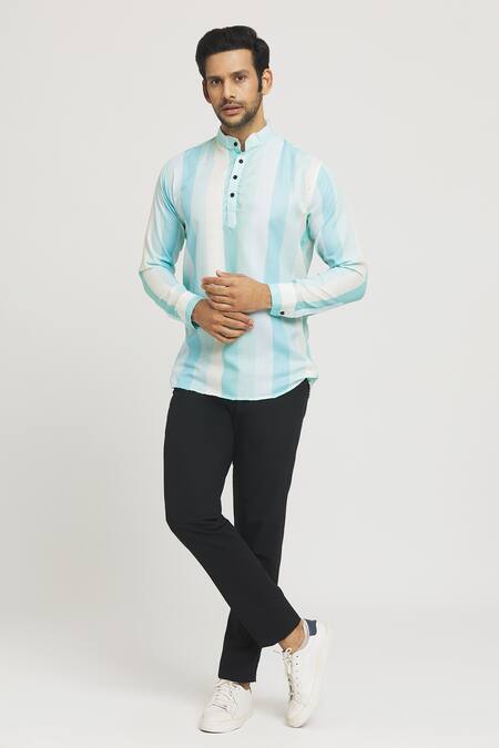 Shop_Aryavir Malhotra_Blue Cotton Vertical Stripe Pattern Shirt_Online_at_Aza_Fashions