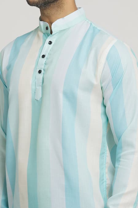 Aryavir Malhotra_Blue Cotton Vertical Stripe Pattern Shirt_at_Aza_Fashions