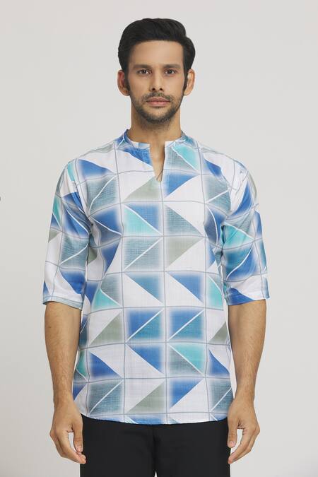 Aryavir Malhotra_Multi Color Cotton Geometric Tile Print Shirt_Online_at_Aza_Fashions