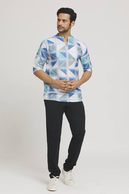 Shop_Aryavir Malhotra_Multi Color Cotton Geometric Tile Print Shirt_Online_at_Aza_Fashions