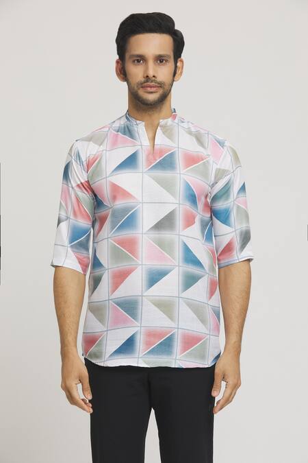 Aryavir Malhotra_Multi Color Cotton Abstract Geometric Tile Print Shirt_Online_at_Aza_Fashions