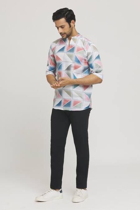 Buy_Aryavir Malhotra_Multi Color Cotton Abstract Geometric Tile Print Shirt_Online_at_Aza_Fashions