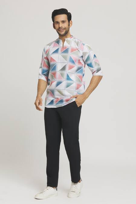 Shop_Aryavir Malhotra_Multi Color Cotton Abstract Geometric Tile Print Shirt_Online_at_Aza_Fashions