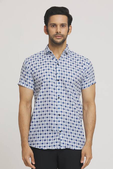 Arihant Rai Sinha_Blue Cotton Cubical Print Shirt _at_Aza_Fashions