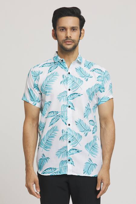 Aryavir Malhotra_White Cotton Falling Leaves Print Shirt_at_Aza_Fashions