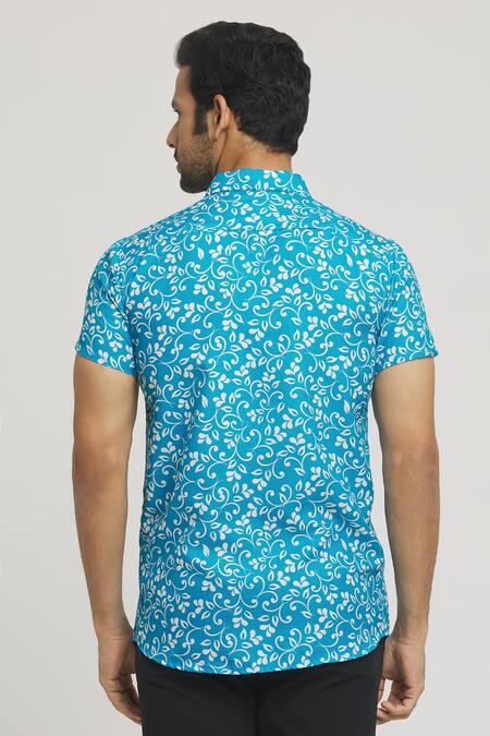 Shop Arihant Rai Sinha Blue Cotton Floral Vine Print Shirt at Aza Fashions Shop_Arihant Rai Sinha_Blue Cotton Floral Vine Print Shirt_at_Aza_Fashions