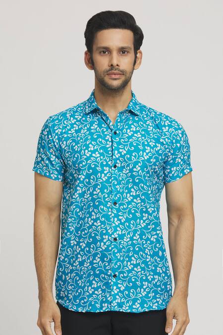 Arihant Rai Sinha Blue Cotton Floral Vine Print Shirt at Aza Fashions Arihant Rai Sinha_Blue Cotton Floral Vine Print Shirt_at_Aza_Fashions