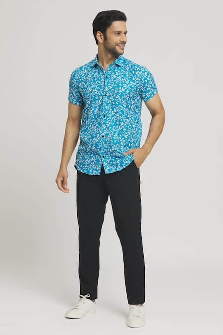 Arihant Rai Sinha Blue Cotton Floral Vine Print Shirt Online at Aza Fashions Arihant Rai Sinha_Blue Cotton Floral Vine Print Shirt_Online_at_Aza_Fashions