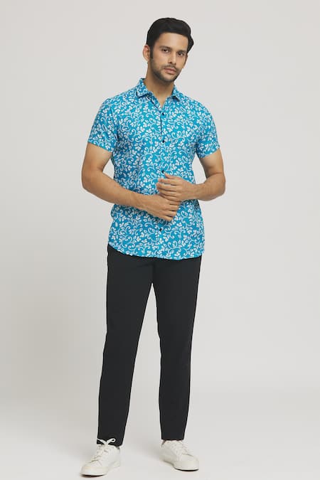 Buy Arihant Rai Sinha Blue Cotton Floral Vine Print Shirt Online at Aza Fashions Buy_Arihant Rai Sinha_Blue Cotton Floral Vine Print Shirt_Online_at_Aza_Fashions
