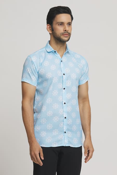 Aryavir Malhotra_Blue Cotton Wheel Print Shirt_at_Aza_Fashions