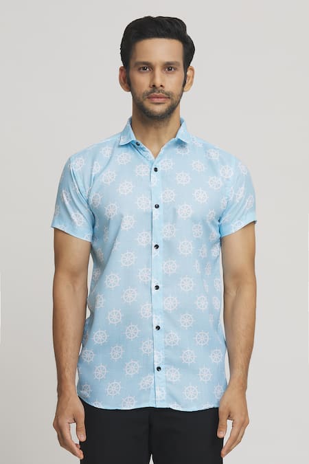 Aryavir Malhotra_Blue Cotton Wheel Print Shirt_Online_at_Aza_Fashions