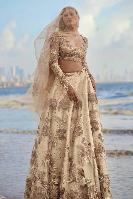 Shop Neha & Tarun Gold Tulle, Linen Pearls, Embroidery Round Tropical Life Bridal Lehenga Set Online at Aza Fashions Shop_Neha & Tarun_Gold Tulle, Linen Pearls, Embroidery Round Tropical Life Bridal Lehenga Set _Online_at_Aza_Fashions