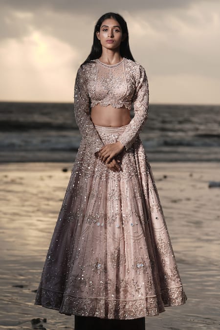 Neha & Tarun_Pink Silk, Tulle Pearls, Sequins, Persian Floral Embroidered Bridal Lehenga Set _Online_at_Aza_Fashions