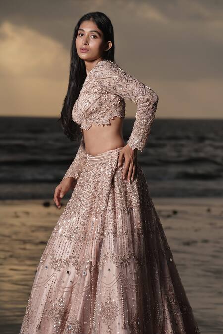 Buy_Neha & Tarun_Pink Silk, Tulle Pearls, Sequins, Persian Floral Embroidered Bridal Lehenga Set _Online_at_Aza_Fashions