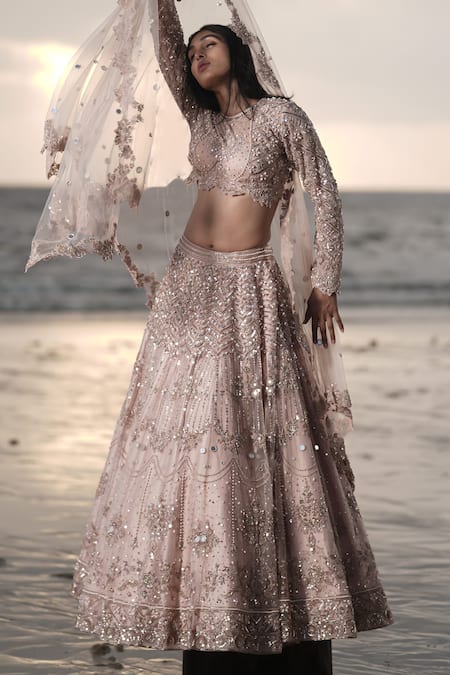 Shop_Neha & Tarun_Pink Silk, Tulle Pearls, Sequins, Persian Floral Embroidered Bridal Lehenga Set _Online_at_Aza_Fashions