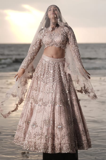 Neha & Tarun_Pink Silk, Tulle Pearls, Sequins, Persian Floral Embroidered Bridal Lehenga Set _at_Aza_Fashions