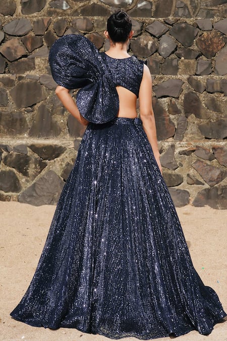 Neha & Tarun Blue Tulle, Silk Embroidery, Sequins, Floral Corsage Lehenga With Blouse Online at Aza Fashions Neha & Tarun_Blue Tulle, Silk Embroidery, Sequins, Floral Corsage Lehenga With Blouse _Online_at_Aza_Fashions