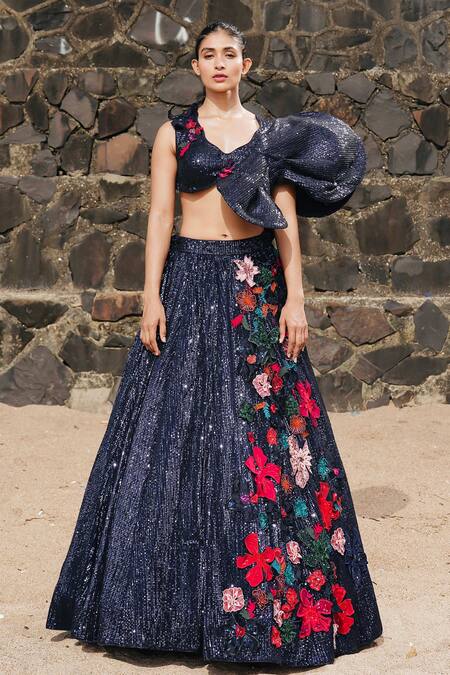 Buy Neha & Tarun Blue Tulle, Silk Embroidery, Sequins, Floral Corsage Lehenga With Blouse Online at Aza Fashions Buy_Neha & Tarun_Blue Tulle, Silk Embroidery, Sequins, Floral Corsage Lehenga With Blouse _Online_at_Aza_Fashions