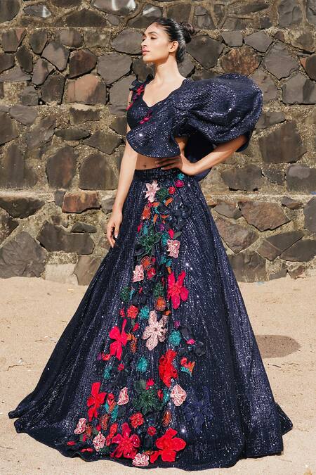 Shop Neha & Tarun Blue Tulle, Silk Embroidery, Sequins, Floral Corsage Lehenga With Blouse Online at Aza Fashions Shop_Neha & Tarun_Blue Tulle, Silk Embroidery, Sequins, Floral Corsage Lehenga With Blouse _Online_at_Aza_Fashions