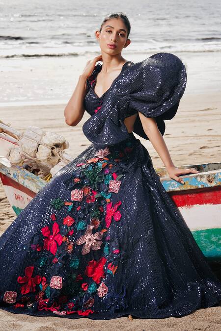 Neha & Tarun Blue Tulle, Silk Embroidery, Sequins, Floral Corsage Lehenga With Blouse at Aza Fashions Neha & Tarun_Blue Tulle, Silk Embroidery, Sequins, Floral Corsage Lehenga With Blouse _at_Aza_Fashions