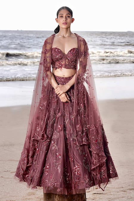 Shop Neha & Tarun Maroon Tulle Hunting Kingfisher Aari Embroidered Lehenga Corset Blouse Set Online at Aza Fashions Shop_Neha & Tarun_Maroon Tulle Hunting Kingfisher Aari Embroidered Lehenga Corset Blouse Set _Online_at_Aza_Fashions