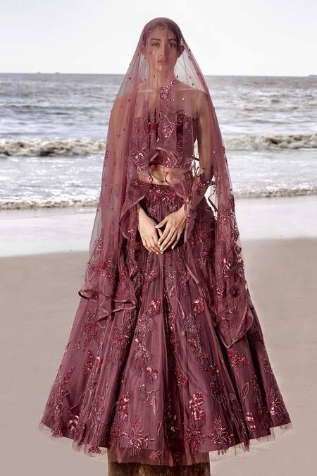 Neha & Tarun Maroon Tulle Hunting Kingfisher Aari Embroidered Lehenga Corset Blouse Set at Aza Fashions Neha & Tarun_Maroon Tulle Hunting Kingfisher Aari Embroidered Lehenga Corset Blouse Set _at_Aza_Fashions