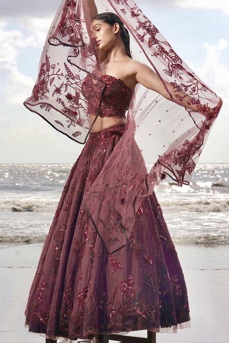 Buy Neha & Tarun Maroon Tulle Hunting Kingfisher Aari Embroidered Lehenga Corset Blouse Set Buy_Neha & Tarun_Maroon Tulle Hunting Kingfisher Aari Embroidered Lehenga Corset Blouse Set