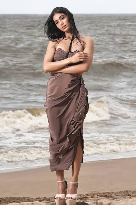 Shop_Neha & Tarun_Brown Crepe Lining Shantoon Embroidery Aari Off Florence Draped Corset Dress _Online_at_Aza_Fashions