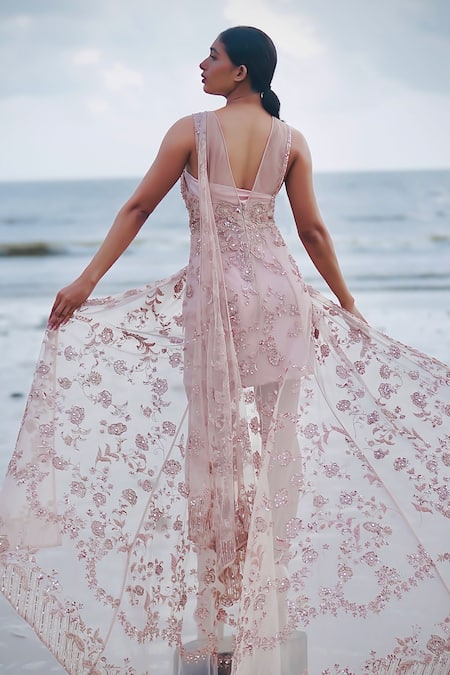 Shop Neha & Tarun Pink Tulle, Lycra Pearls, Petunia Garden Embroidered Slit Gown With Inner at Aza Fashions Shop_Neha & Tarun_Pink Tulle, Lycra Pearls, Petunia Garden Embroidered Slit Gown With Inner _at_Aza_Fashions