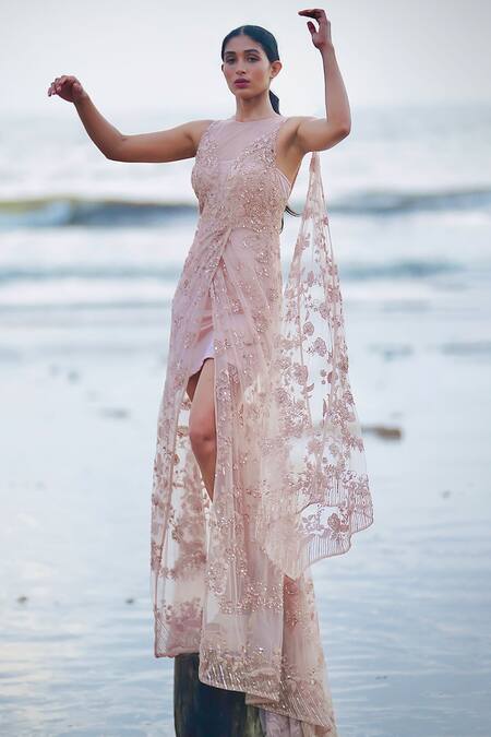 Neha & Tarun Pink Tulle, Lycra Pearls, Petunia Garden Embroidered Slit Gown With Inner Online at Aza Fashions Neha & Tarun_Pink Tulle, Lycra Pearls, Petunia Garden Embroidered Slit Gown With Inner _Online_at_Aza_Fashions