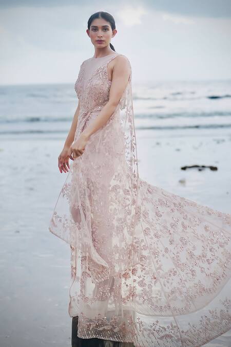 Buy Neha & Tarun Pink Tulle, Lycra Pearls, Petunia Garden Embroidered Slit Gown With Inner Online at Aza Fashions Buy_Neha & Tarun_Pink Tulle, Lycra Pearls, Petunia Garden Embroidered Slit Gown With Inner _Online_at_Aza_Fashions
