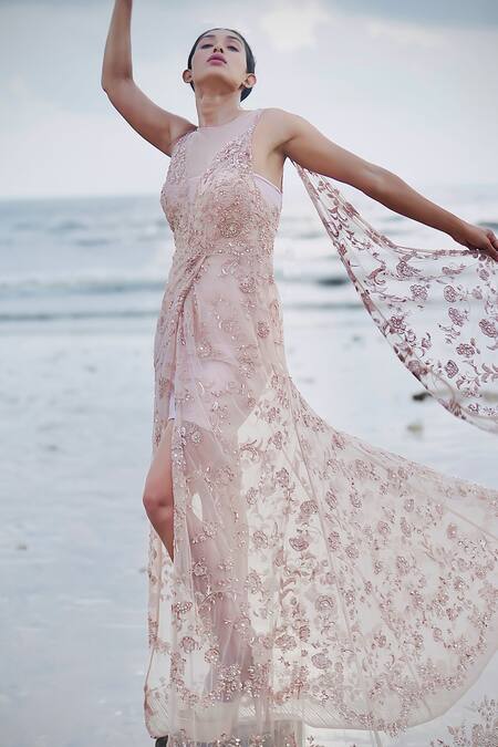 Shop Neha & Tarun Pink Tulle, Lycra Pearls, Petunia Garden Embroidered Slit Gown With Inner Online at Aza Fashions Shop_Neha & Tarun_Pink Tulle, Lycra Pearls, Petunia Garden Embroidered Slit Gown With Inner _Online_at_Aza_Fashions