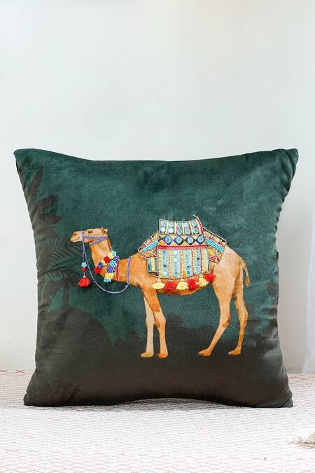 Shop Mid July Home Green Premium Velvet Embroidery, Printed Royal Opulence Cushion Cover Set at Aza Fashions Shop_Mid July Home_Green Premium Velvet Embroidery, Printed Royal Opulence Cushion Cover Set_at_Aza_Fashions