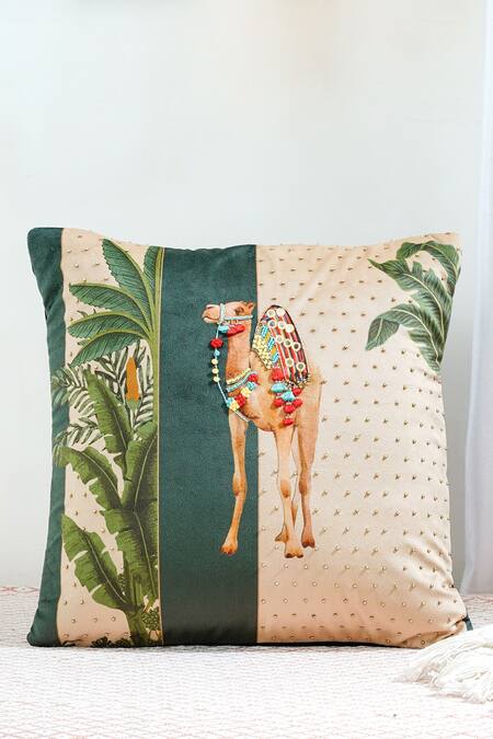 Shop Mid July Home Green Premium Velvet Embroidery, Printed Royal Opulence Cushion Cover Set Online at Aza Fashions Shop_Mid July Home_Green Premium Velvet Embroidery, Printed Royal Opulence Cushion Cover Set_Online_at_Aza_Fashions