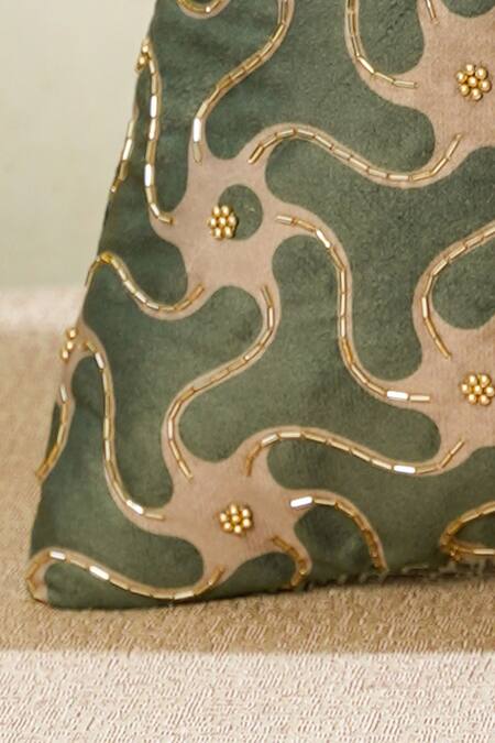 Buy_Mid July Home_Green Premium Velvet Embroidery, Printed Gilded Garden Cushion Cover Set_Online_at_Aza_Fashions