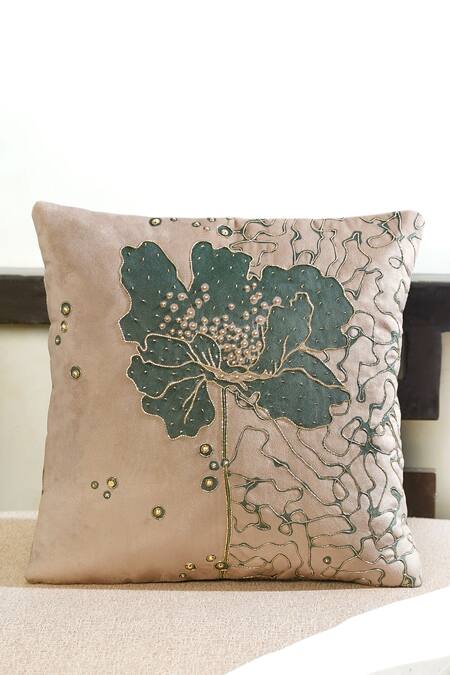 Shop_Mid July Home_Green Premium Velvet Embroidery, Printed Gilded Garden Cushion Cover Set_Online_at_Aza_Fashions
