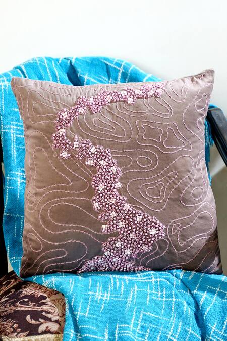 Shop Mid July Home Brown Premium Velvet Embroidery Memory Maze Cushion Cover 4 Pcs Set at Aza Fashions Shop_Mid July Home_Brown Premium Velvet Embroidery Memory Maze Cushion Cover 4 Pcs Set_at_Aza_Fashions