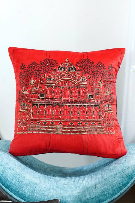 Mid July Home_Black Premium Velvet Embroidery, Printed Heritage Harmony Cushion Cover Set_Online_at_Aza_Fashions