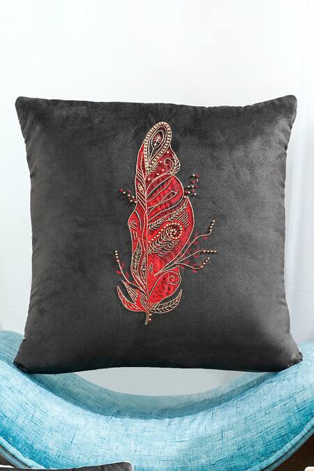 Shop_Mid July Home_Black Premium Velvet Embroidery, Printed Heritage Harmony Cushion Cover Set