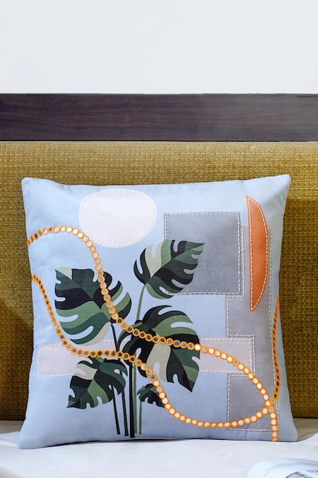 Shop_Mid July Home_Blue Premium Velvet Embroidery, Harmony Of Elements Cushion Cover 5 Pcs Set_Online_at_Aza_Fashions