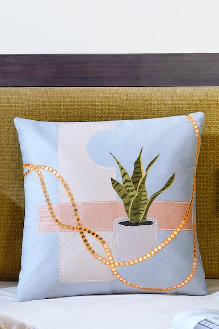 Mid July Home_Blue Premium Velvet Embroidery, Harmony Of Elements Cushion Cover 5 Pcs Set_at_Aza_Fashions