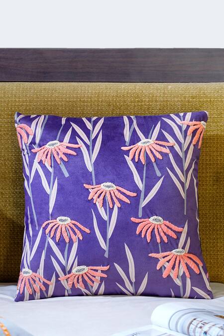 Shop Mid July Home Purple Premium Velvet Embroidery, Moonlit Garden Cushion Cover 4 Pcs Set at Aza Fashions Shop_Mid July Home_Purple Premium Velvet Embroidery, Moonlit Garden Cushion Cover 4 Pcs Set_at_Aza_Fashions