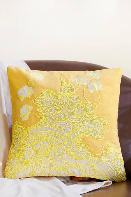 Mid July Home_Yellow Premium Velvet Embroidery, Printed Morning Floral Cushion Cover Set_Online_at_Aza_Fashions