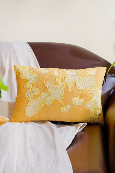 Buy_Mid July Home_Yellow Premium Velvet Embroidery, Printed Morning Floral Cushion Cover Set_Online_at_Aza_Fashions
